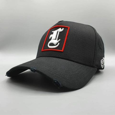 ONYX BLACK & RED DISTRESSED BASEBALL CAP - Lucido Clothing